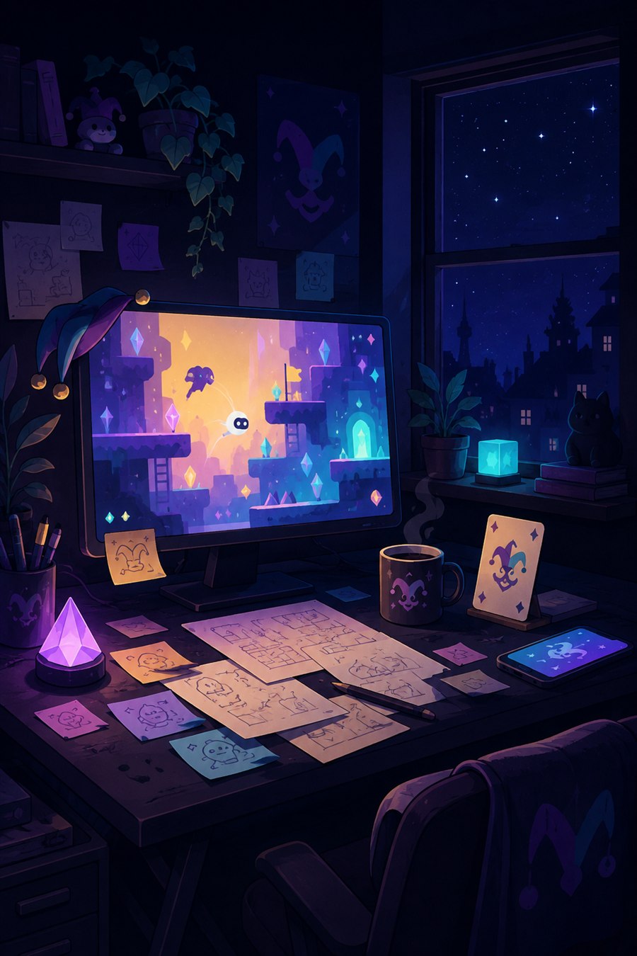Illustration: nächtlicher Indie-Entwickler-Arbeitsplatz mit leuchtendem Monitor