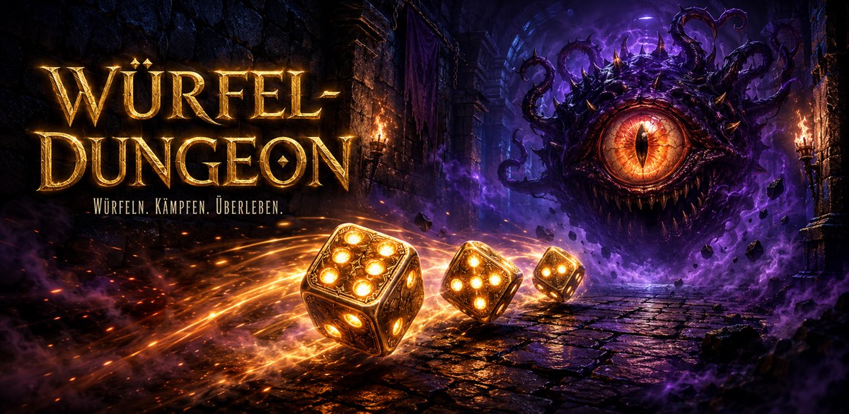 Würfel-Dungeon – Artwork: leuchtende Würfel im dunklen Dungeon
