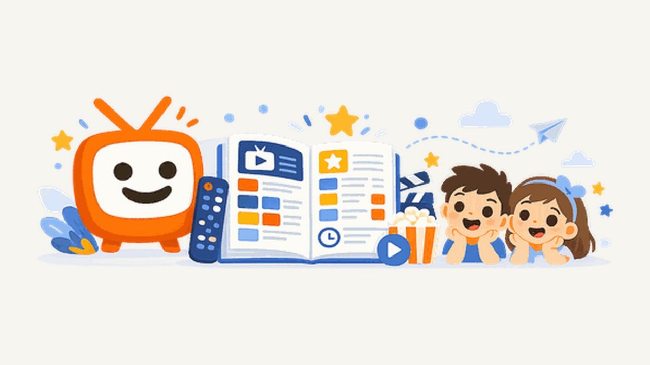 TVKinderprogramm.de – Illustration: Fernseher, Programmheft und Kinder